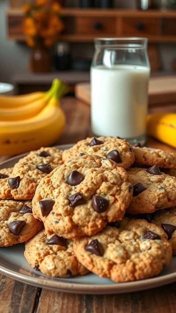 A plate of chewy banana oatmeal cookies with chocolate chips, surrounded by ripe bananas and a glass of milk.